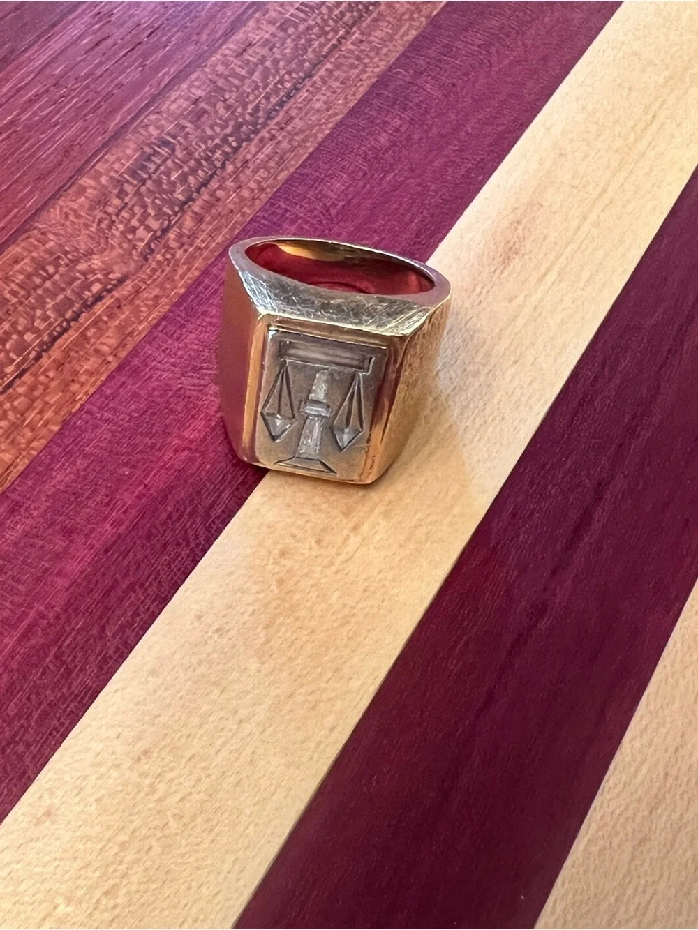 Custom 14K Two-Tone Gold Scales of Justice Signet Ring (14.4g)